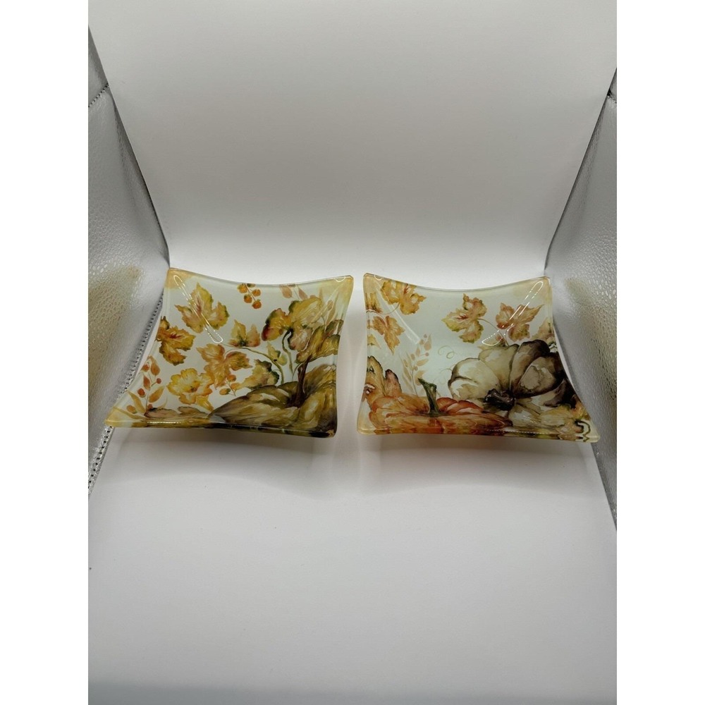 Prima Design Glass Candy Dish Set (2) Trinket Plate Bowl 5" Square Fall Pumpkin
